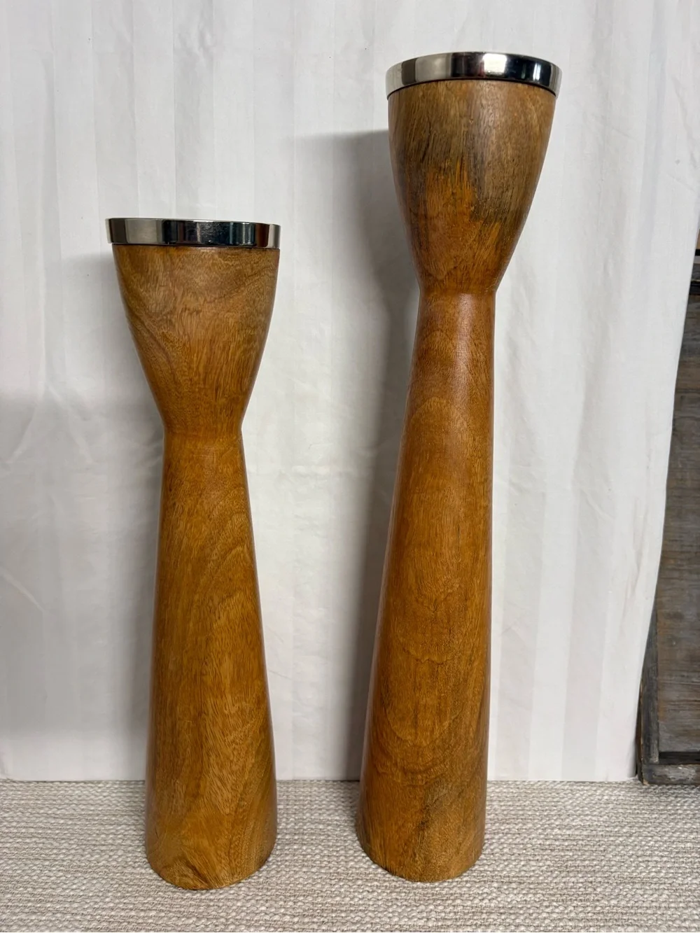 Pier 1 Tall Wooden Candle Holders with Silver Tops - Brown